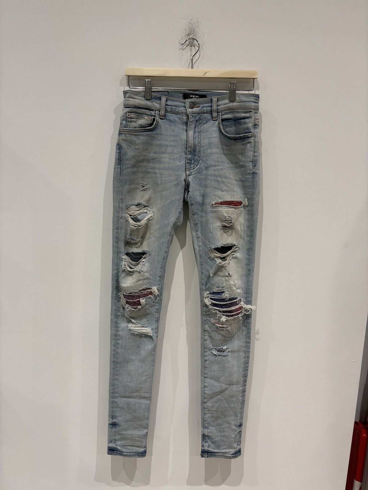 Amiri Amiri MX1 Distressed Bandana Jeans Blue Size: 29 Size US 29 - 1 Thumbnail