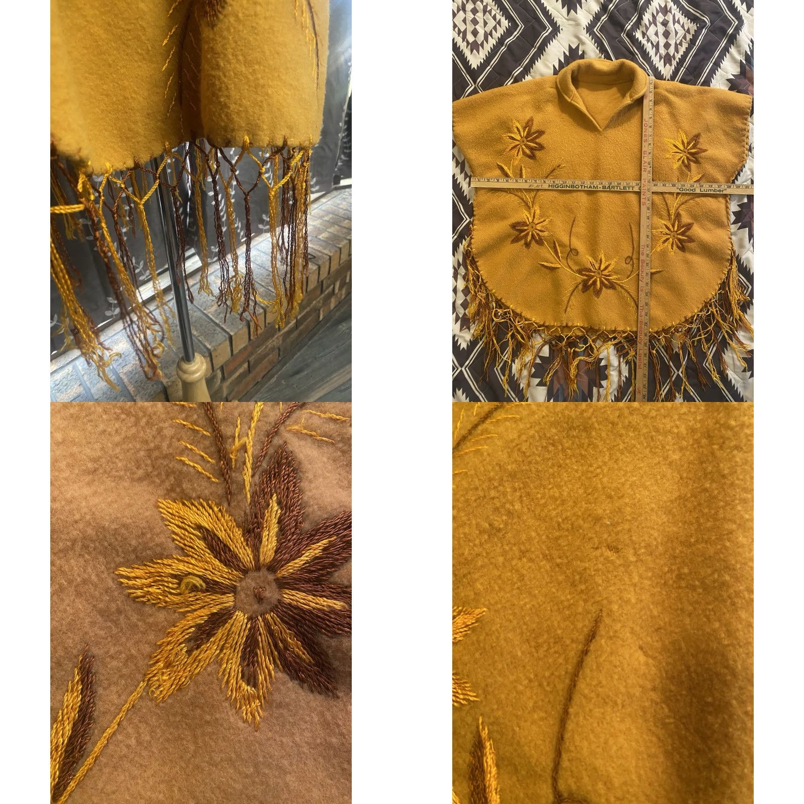 Vintage VINTAGE 60s Fringe Embroidered Wool Poncho Cape Yellow Women's OSFM Boho Flowers 1960s Clothing Womens Size ONE SIZE - 8 Thumbnail
