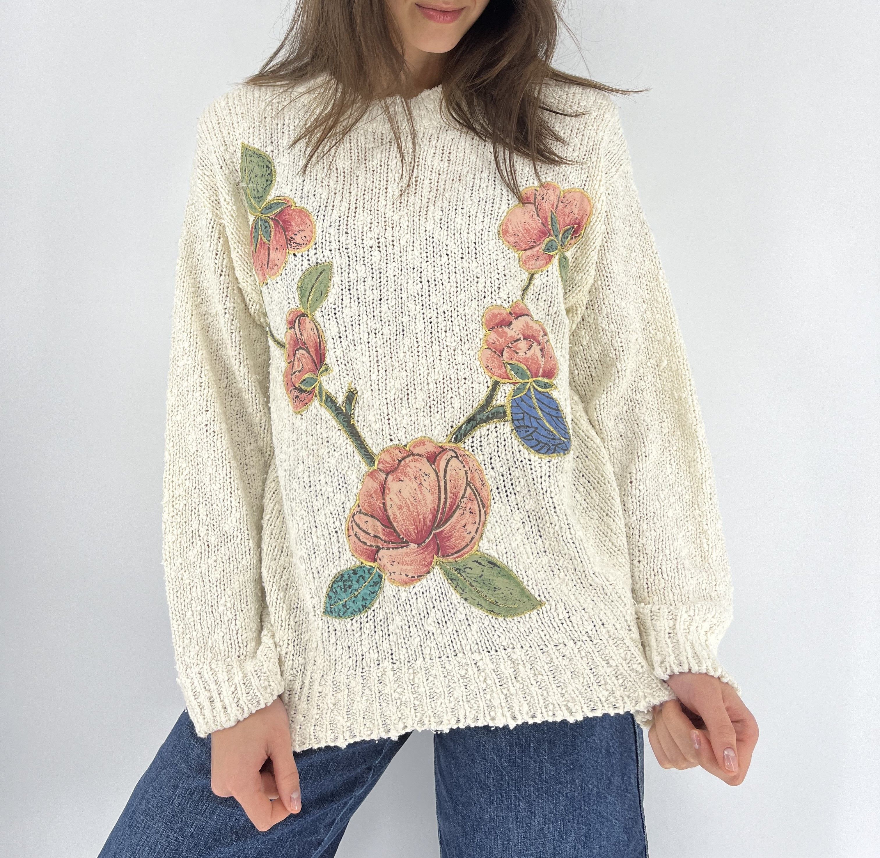 Japanese Brand Vintag BeigeLace With Flower Knitwear Sweater Made in Korea Size M / US 6-8 / IT 42-44 - 3 Thumbnail