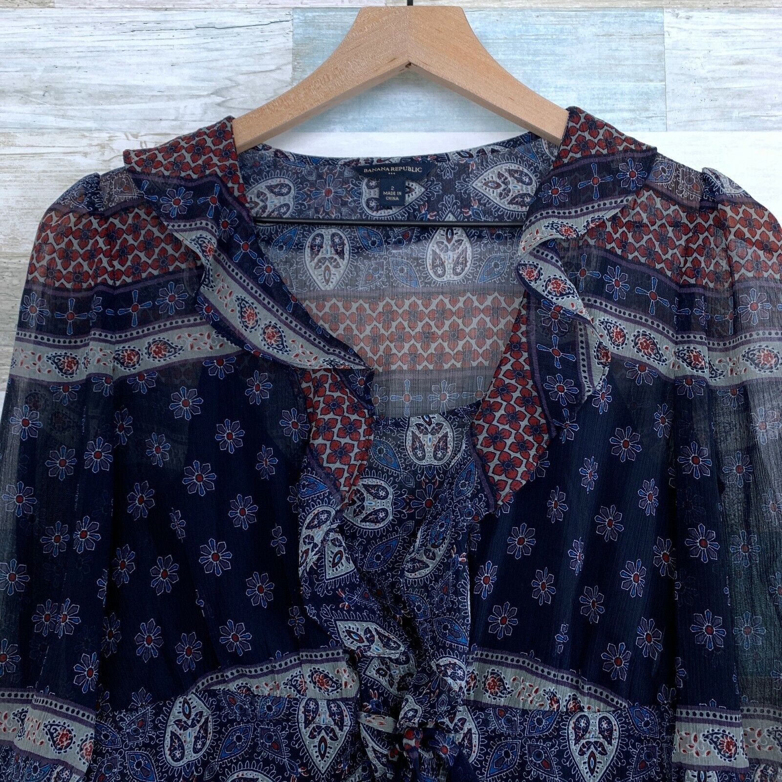 Banana Republic Banana Republic Sheer Peasant Dress Blue Paisley Ruffle 2 Size XS / US 0-2 / IT 36-38 - 2 Thumbnail