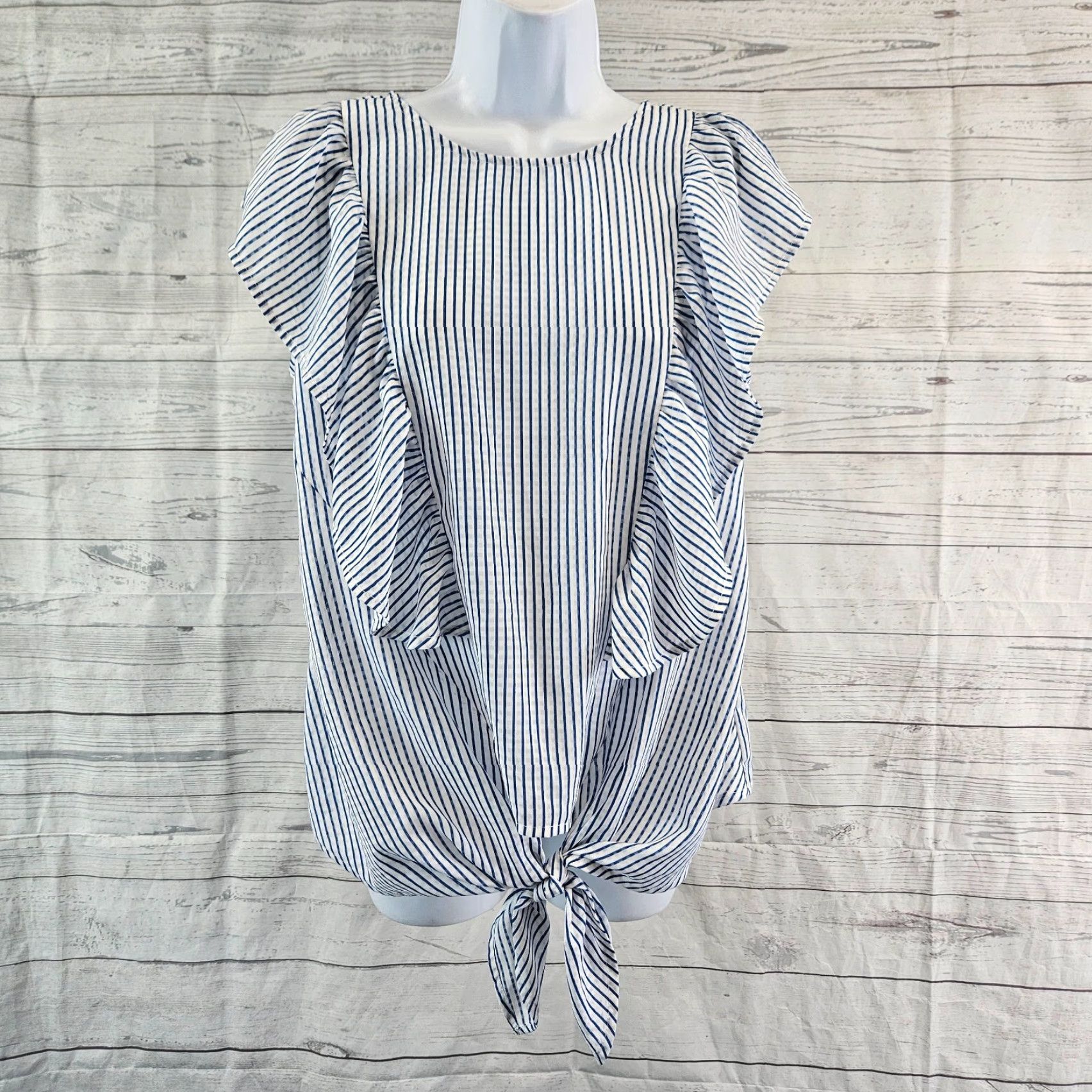 Vintage Zac & Rachel Womens Top Sz Medium Blue White Stripe Ruffle Front Tie Size M / US 6-8 / IT 42-44 - 2 Thumbnail