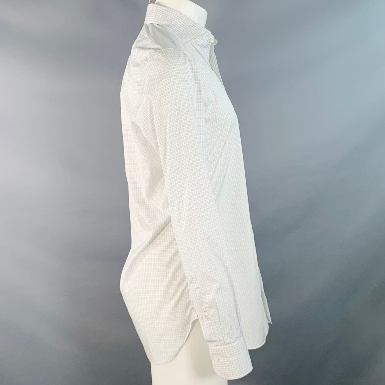 Isaia White Grey Checkered Cotton Spread Collar Long Sleeve Shirt Size US S / EU 44-46 / 1 - 3 Thumbnail
