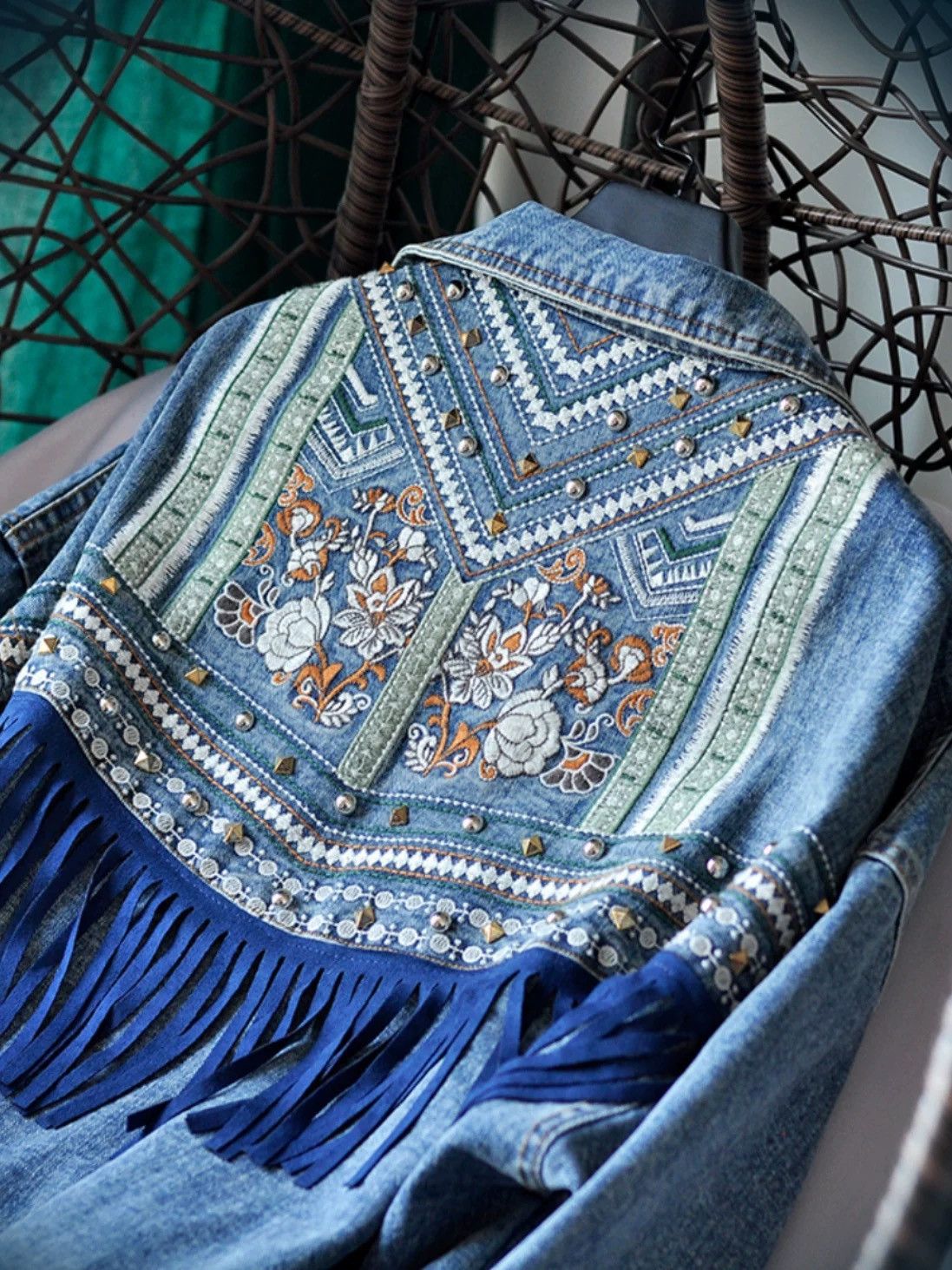 Other ✨ NEW Vintage-Style Studded Fringe Denim Jacket Size L / US 10 / IT 46 - 2 Thumbnail