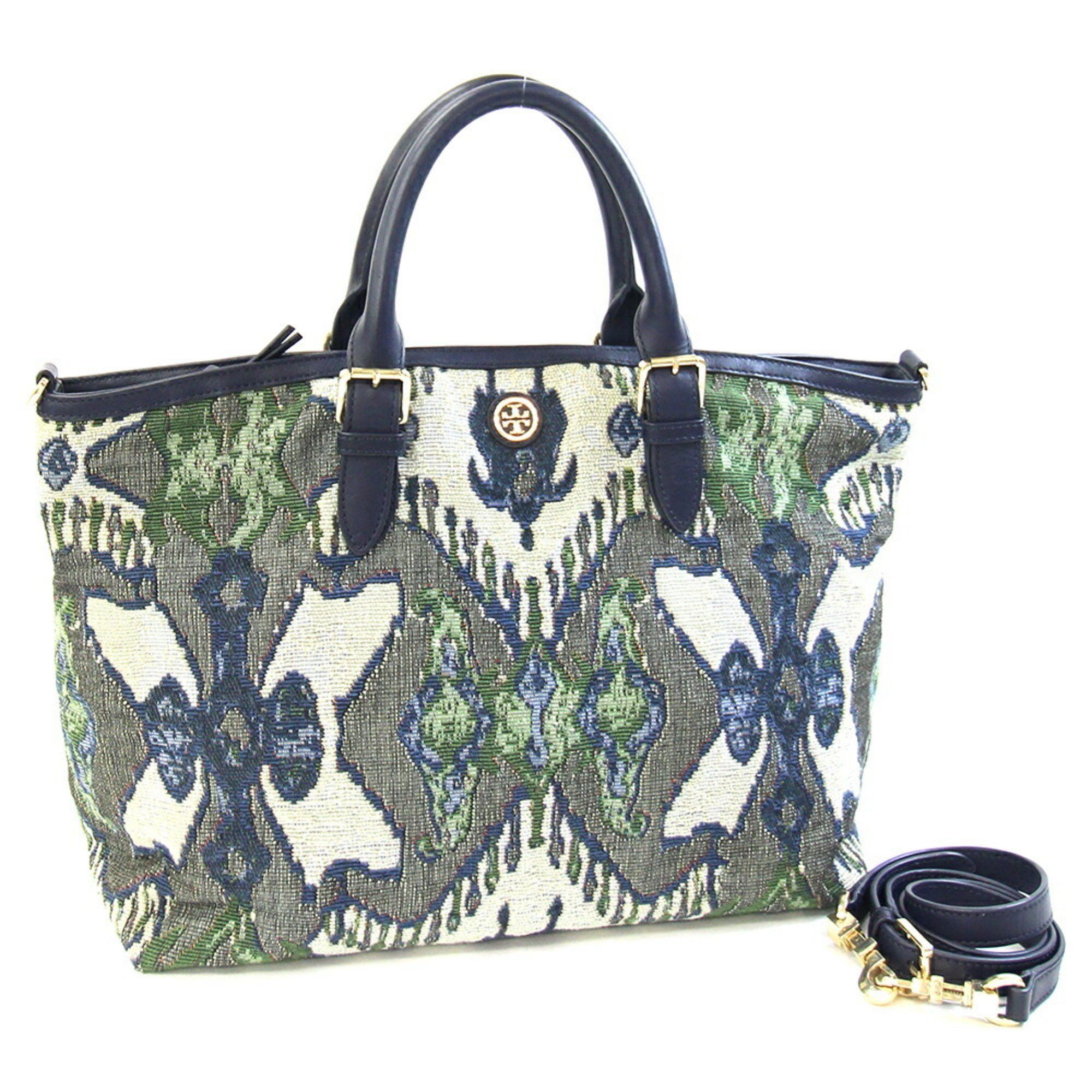 Tory Burch Handbag Navy Green Jacquard Leather Shoulder Bag Hand Tote Women's
