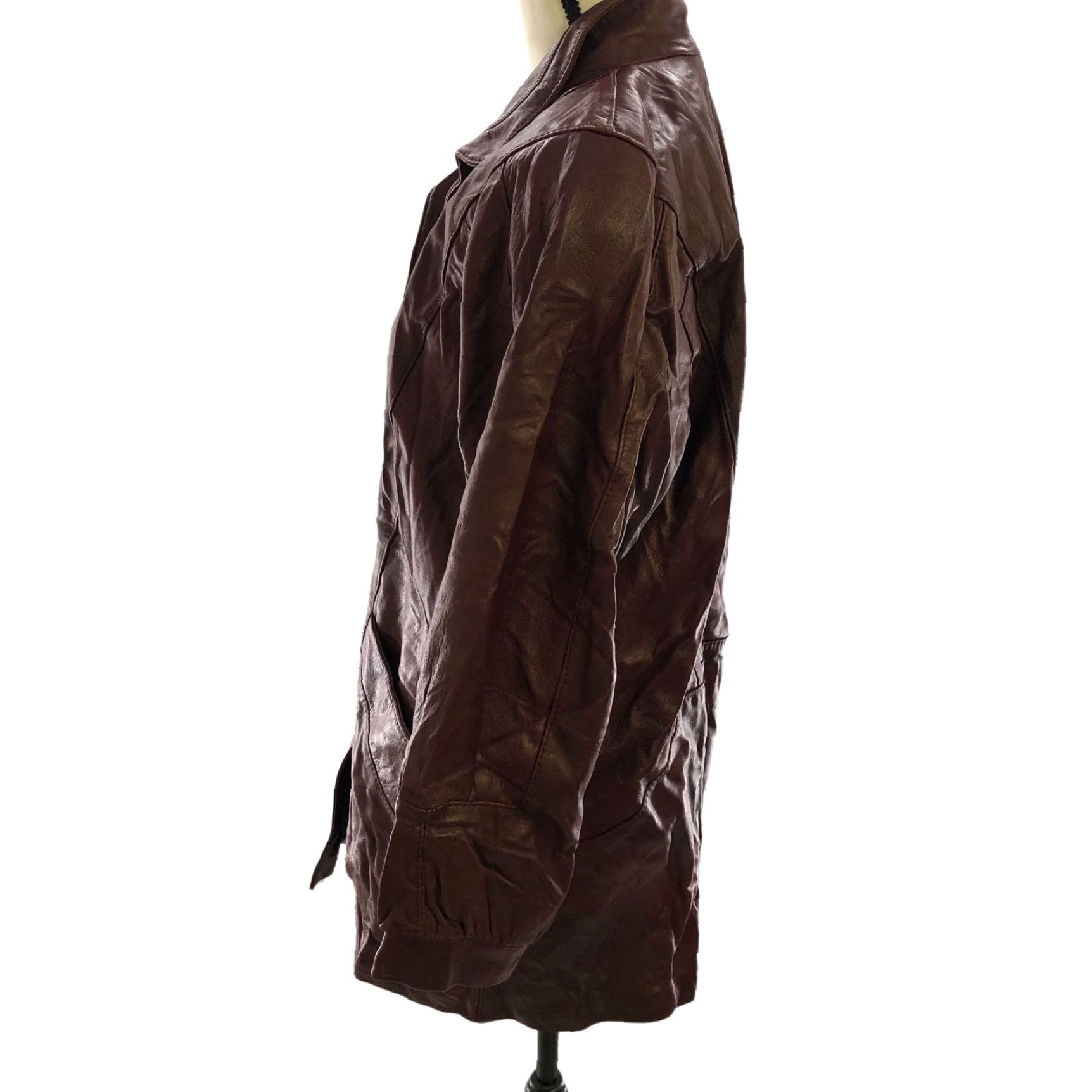 VINTAGE Leather Jacket Womens M Longline Burgundy Mahogany Made in Norway Jacket Brand: Vintage