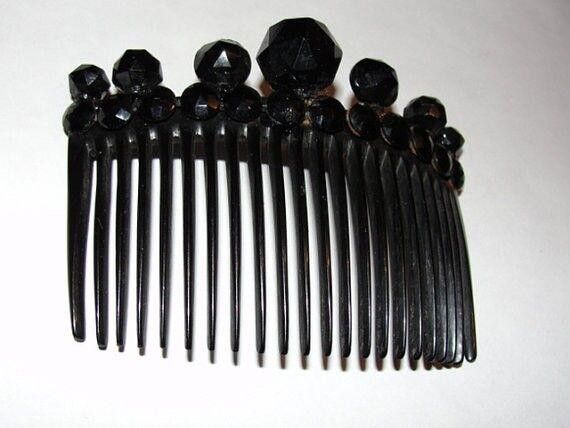 Handmade Victorian Black Celluloid Hair Comb Faceted Circular Studs Size ONE SIZE - 3 Thumbnail