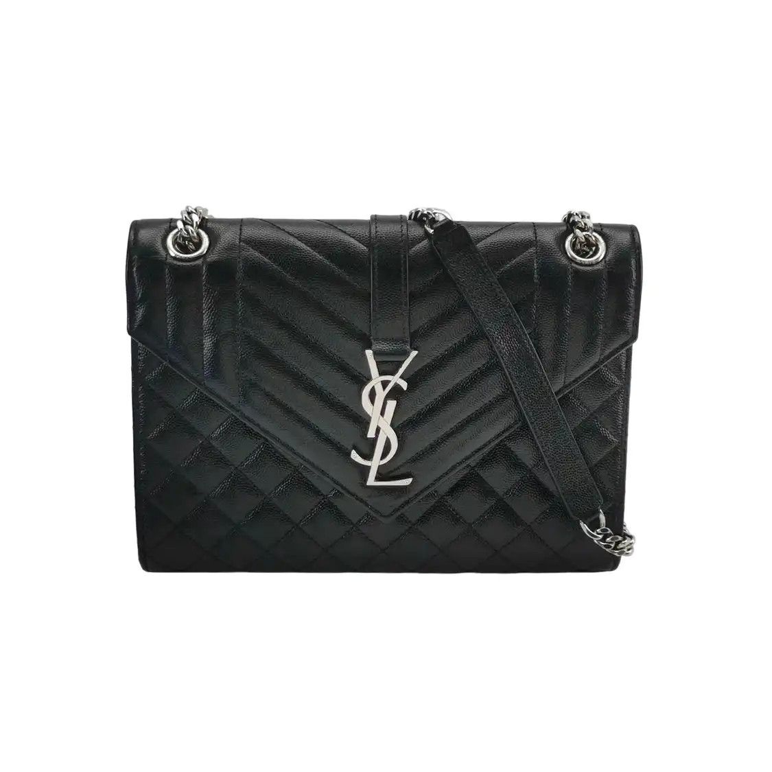 Saint Laurent Paris Ysl Envelope Medium Black Cowhide Leather Quilted Vflap Bag, Women's