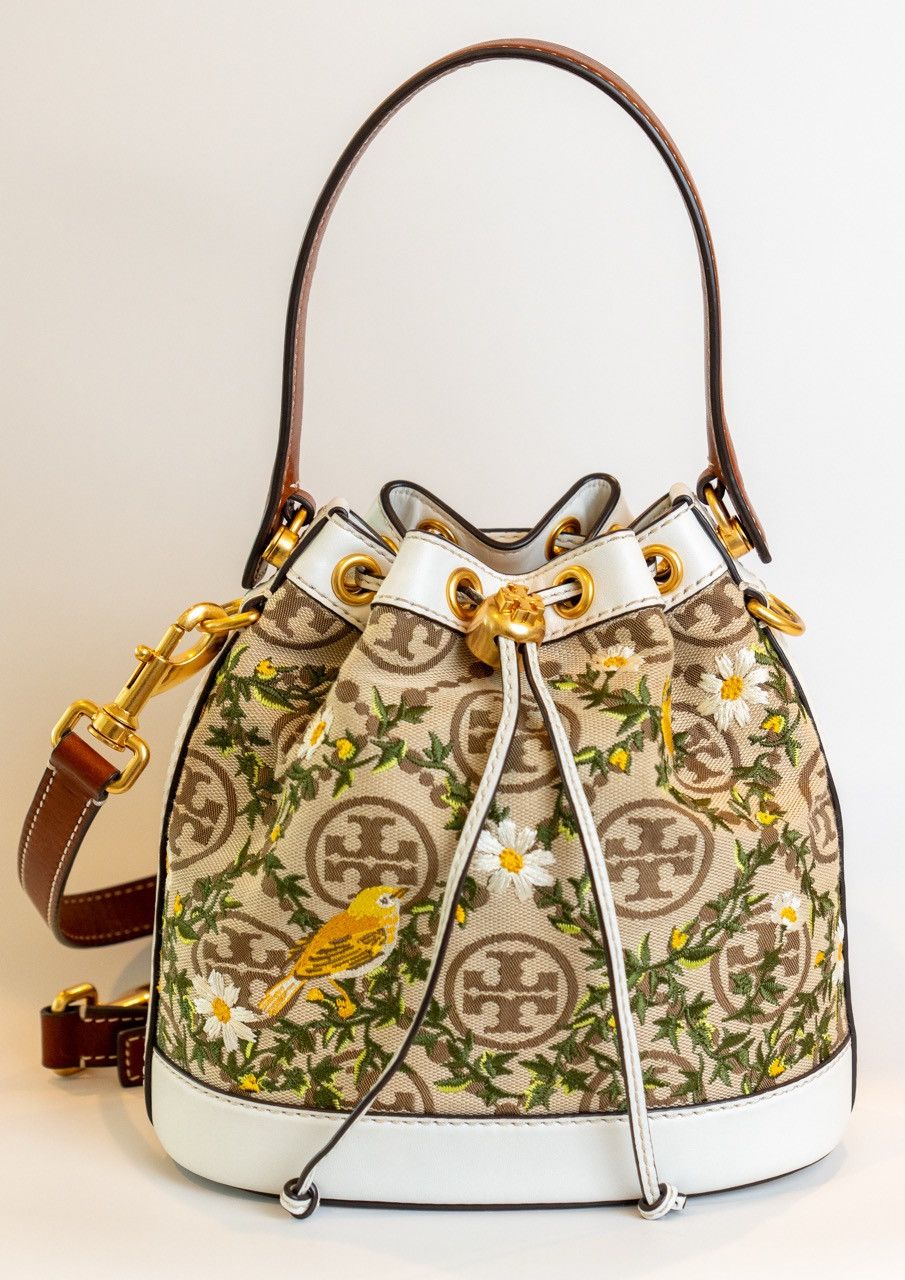 Tory Burch T Monogram Embroidered Jacquard & Leather Bucket Bag Size ONE SIZE - 2 Thumbnail
