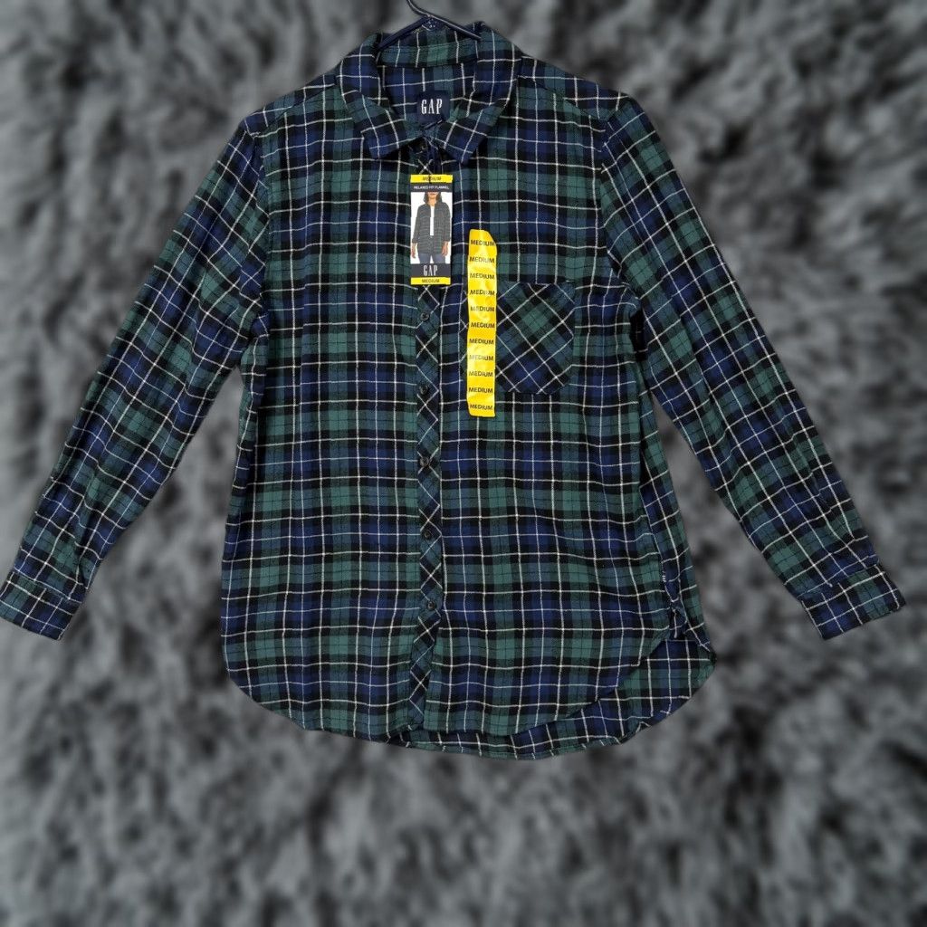 Gap Gap Button-Up Womens M Blue Green Relaxed Fit Flannel Plaid Cabincore Layering Size ONE SIZE - 1 Thumbnail