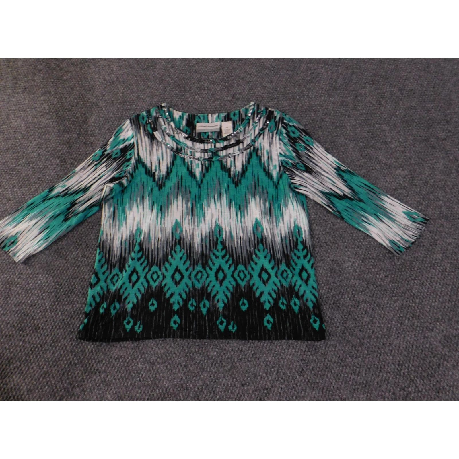 Vintage VINTAGE Alfred Dunner Shirt Womens Petite Small Teal Black White Ikat 3/4 Sleeve Beaded Sequin Pullover Knit Blouse Womens PS Petite Small Size S / US 4 / IT 40 - 3 Thumbnail