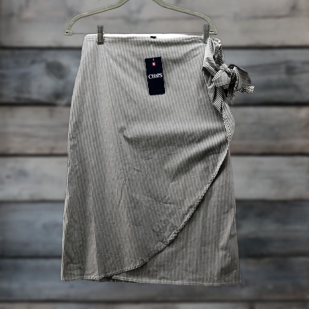 Chaps NWT Chaps Wrap Midi Skirt Womens 12 Gray Striped Poplin Stretch Side Zip Casual Beach Summer Coastal Vacation - Mens Size 34" / US 12 / IT 48 - 1 Thumbnail
