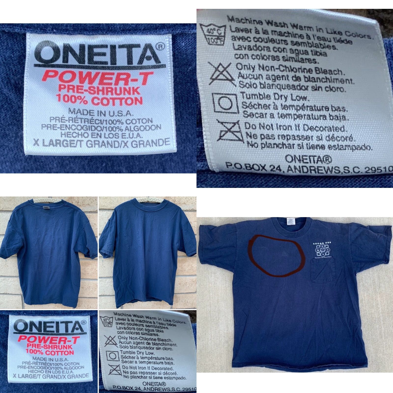 Vintage VINTAGE Oneita Local 398 Plumbers and Steamfitters Pocket T Shirt Short Sleeve Size XL Blue Cotton Mens Size US XL / EU 56 / 4 - 10 Thumbnail