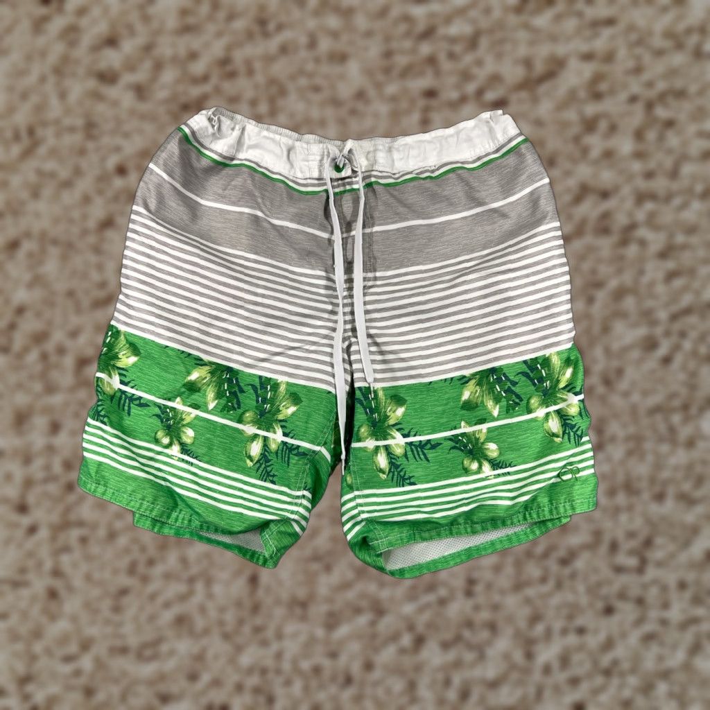 Ocean Pacific VINTAGE Ocean Pacific Swim Trunks Mens 2XL Gray Green Floral Striped Polyester Trunks, Built-In Brief, Pockets, Surf Beach Theme Mens Size US 39 - 1 Thumbnail