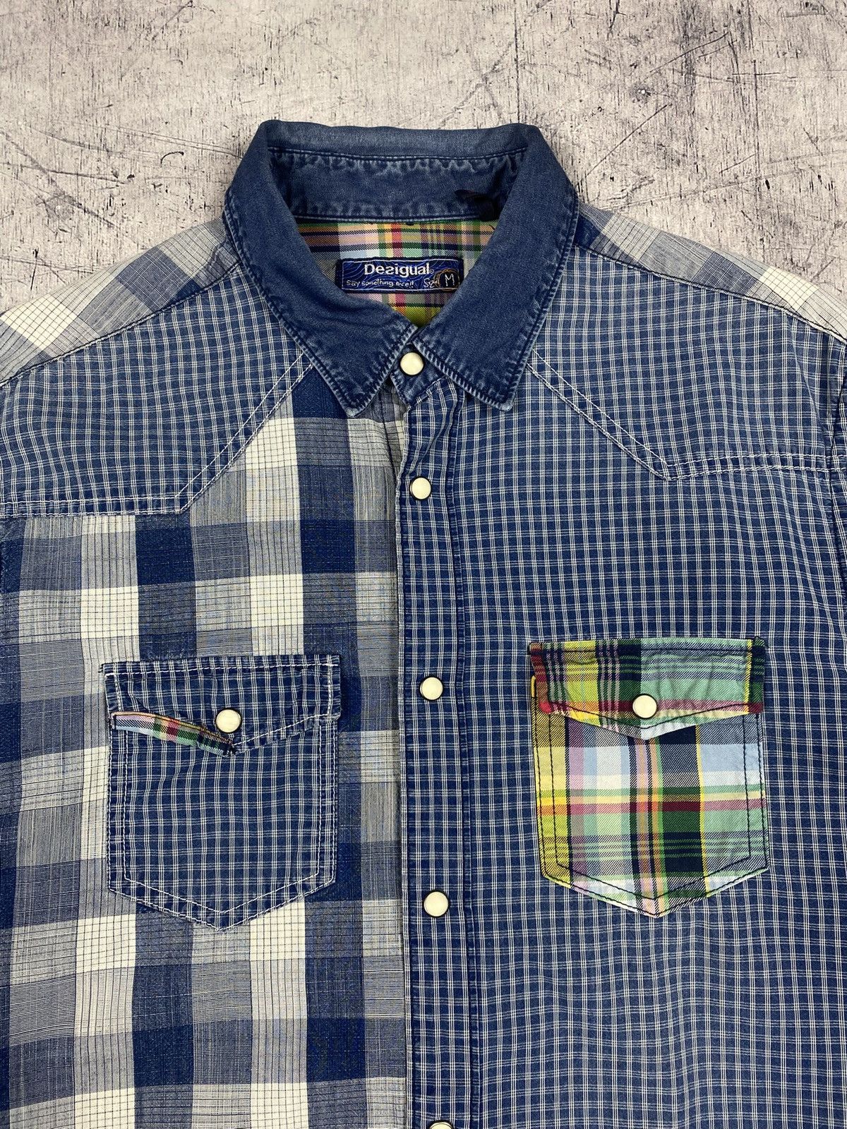 Desigual Desigual Patchwork Plaid Blue Western Button Up Shirt Size US M / EU 48-50 / 2 - 5 Thumbnail