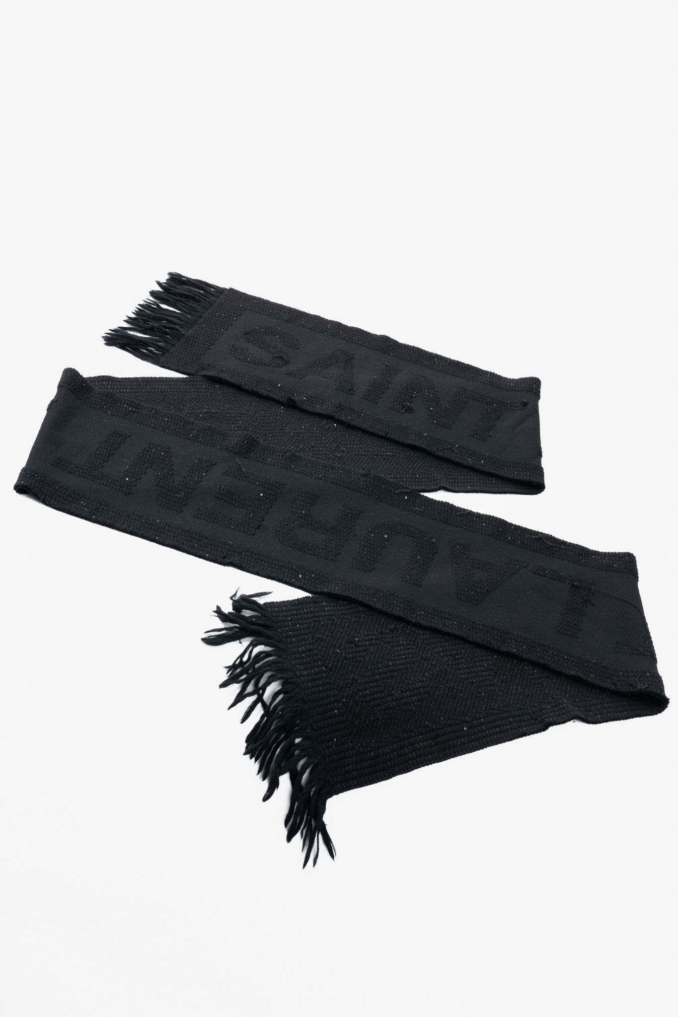 Saint Laurent Paris Saint Laurent Black Wool Sequined Logo-Jacquard Fringe Scarf Size ONE SIZE - 2 Thumbnail
