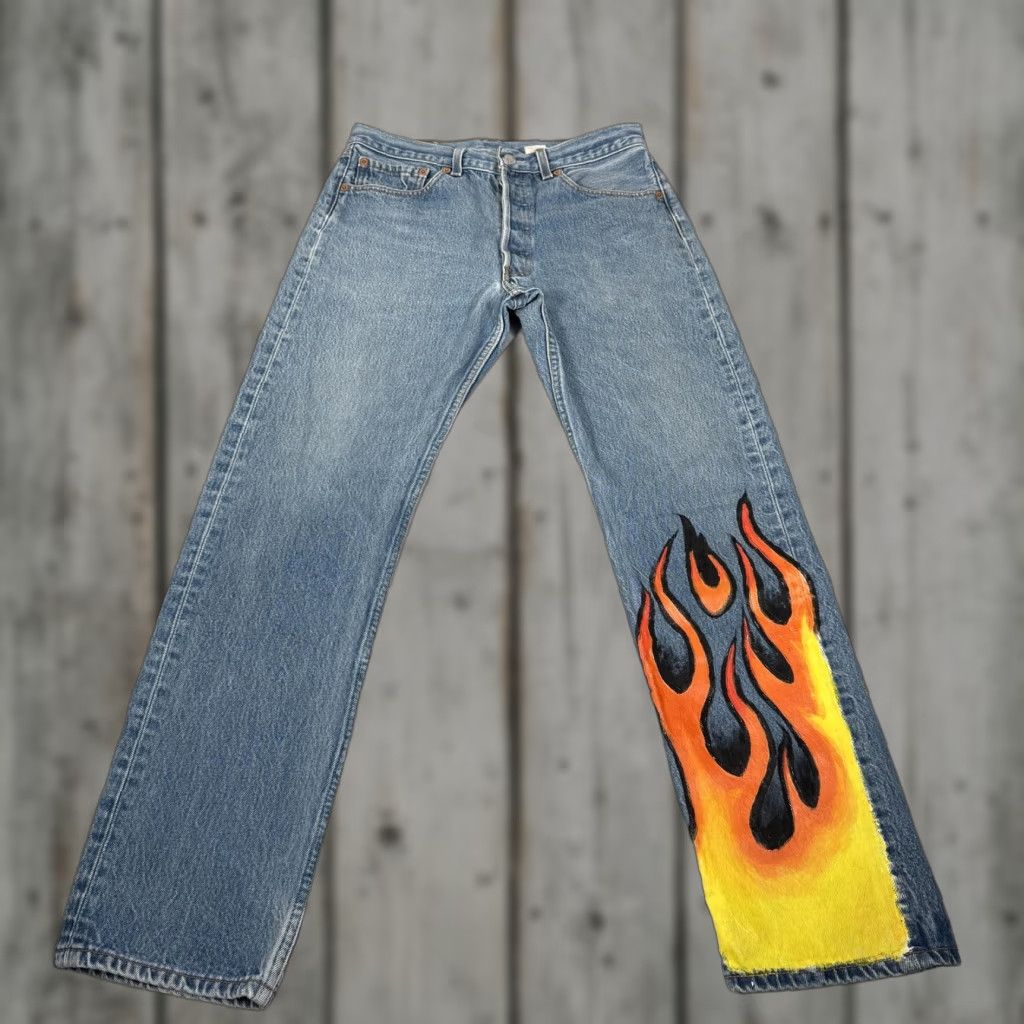 VINTAGE Levi's Jeans Mens 30x30 Blue 501 Straight Fit Denim Pants Flames Y2K 90s