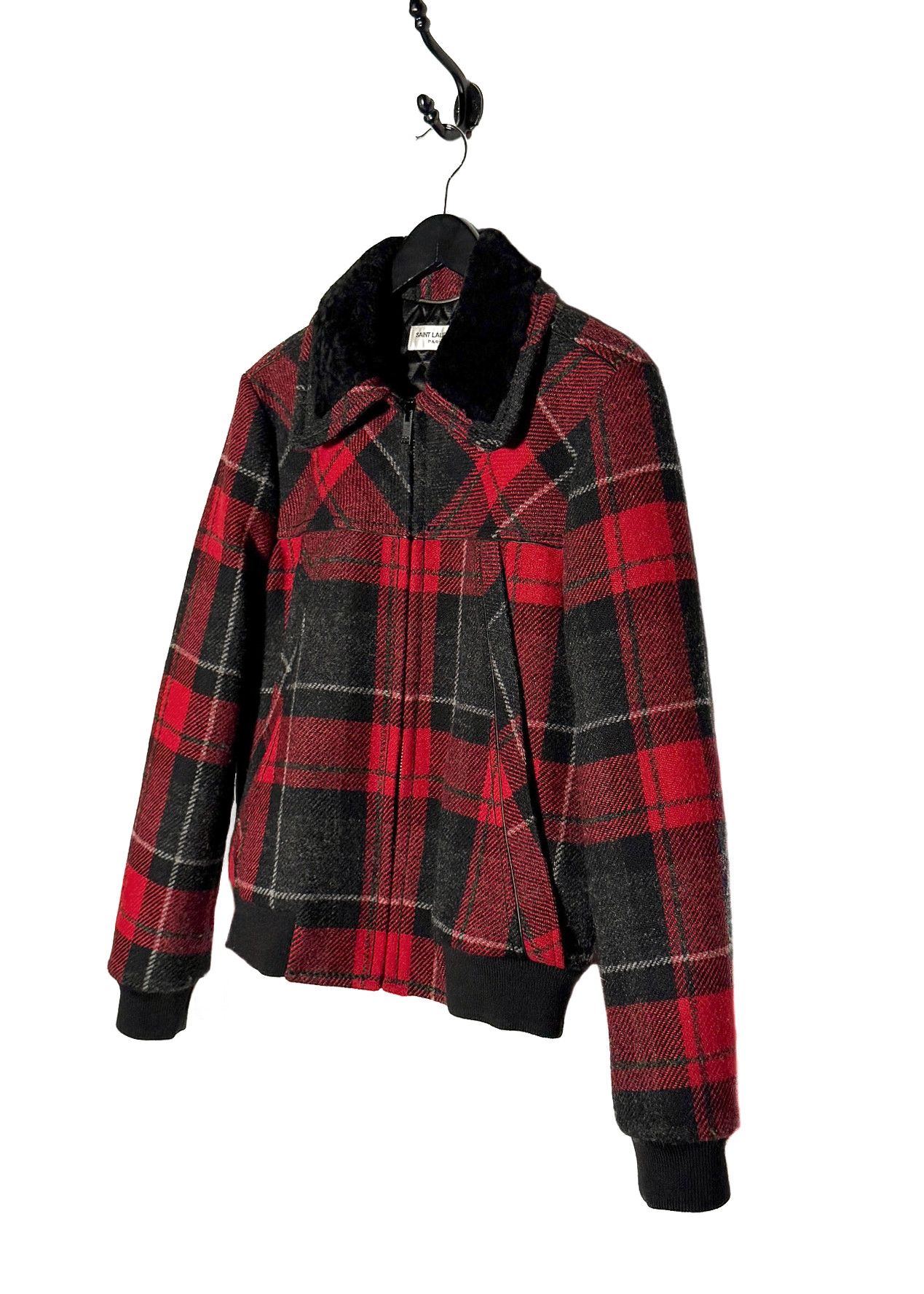 Saint Laurent Paris Saint Laurent Shearling Collar Black Red Plaid Jacket Size US M / EU 48-50 / 2 - 2 Thumbnail