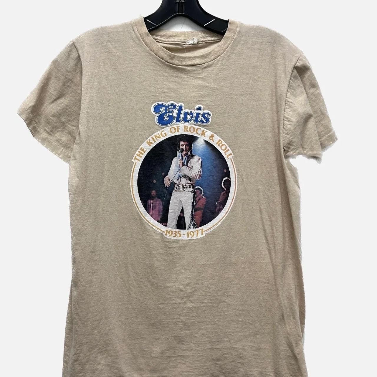 image of 1977 Elvis "the King Of Rock & Roll" Tee in Tan, Men's (Size Medium)