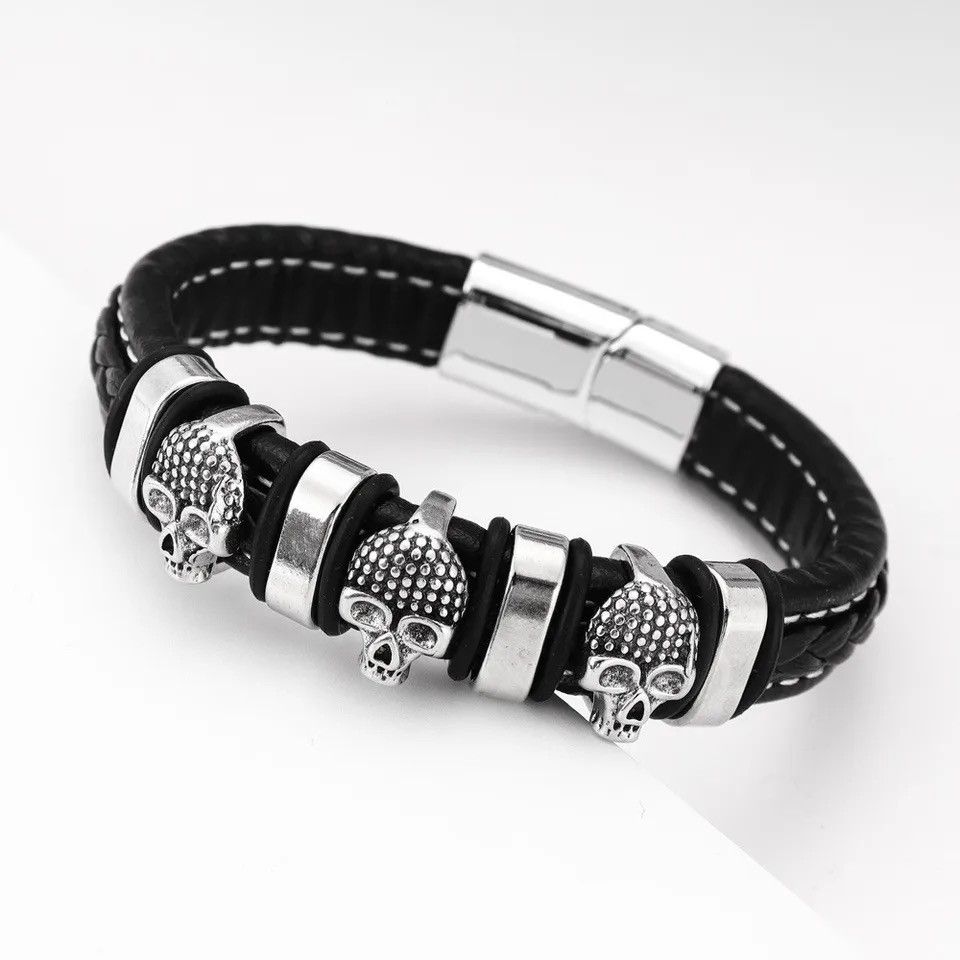 Jewelry Multi-Layer Leather Woven Skull Bracelet Size ONE SIZE - 3 Thumbnail
