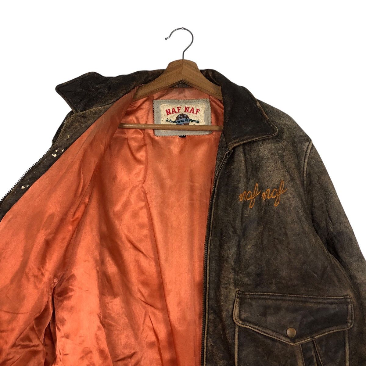 Japanese Brand 📌Vintage Flight Jumper Leather Jacket Naf Naf Big Logo Size US L / EU 52-54 / 3 - 14 Thumbnail
