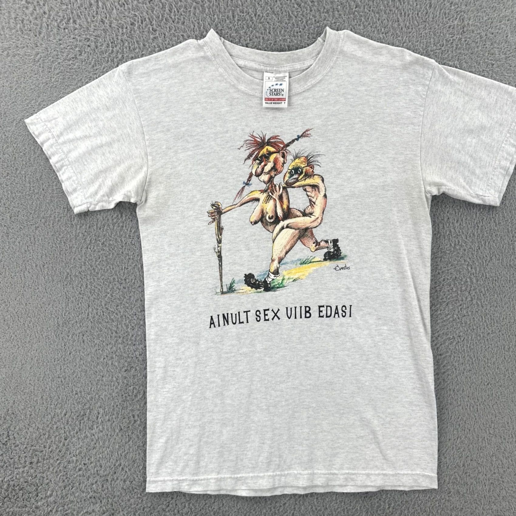 Fruit Of The Loom VINTAGE Screen Stars By Fruit Of The Loom S Gray Shirt 90s Estonian Funny Sex Tee Size US S / EU 44-46 / 1 - 3 Thumbnail