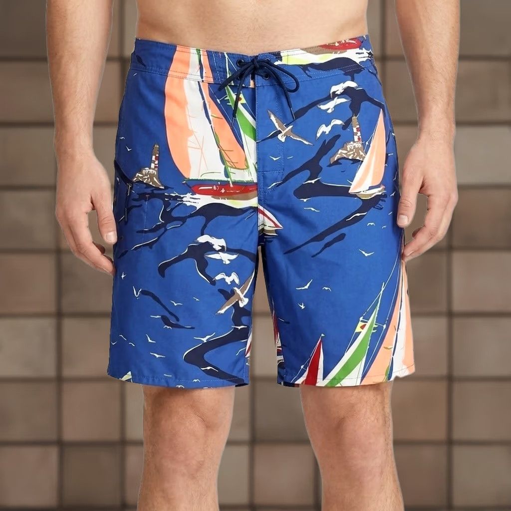 RLX Ralph Lauren VINTAGE RLX Ralph Lauren Nautical Sailboat Print Board Shorts Mens 40 Blue Poly EUC Size US 40 / EU 56 - 1 Thumbnail