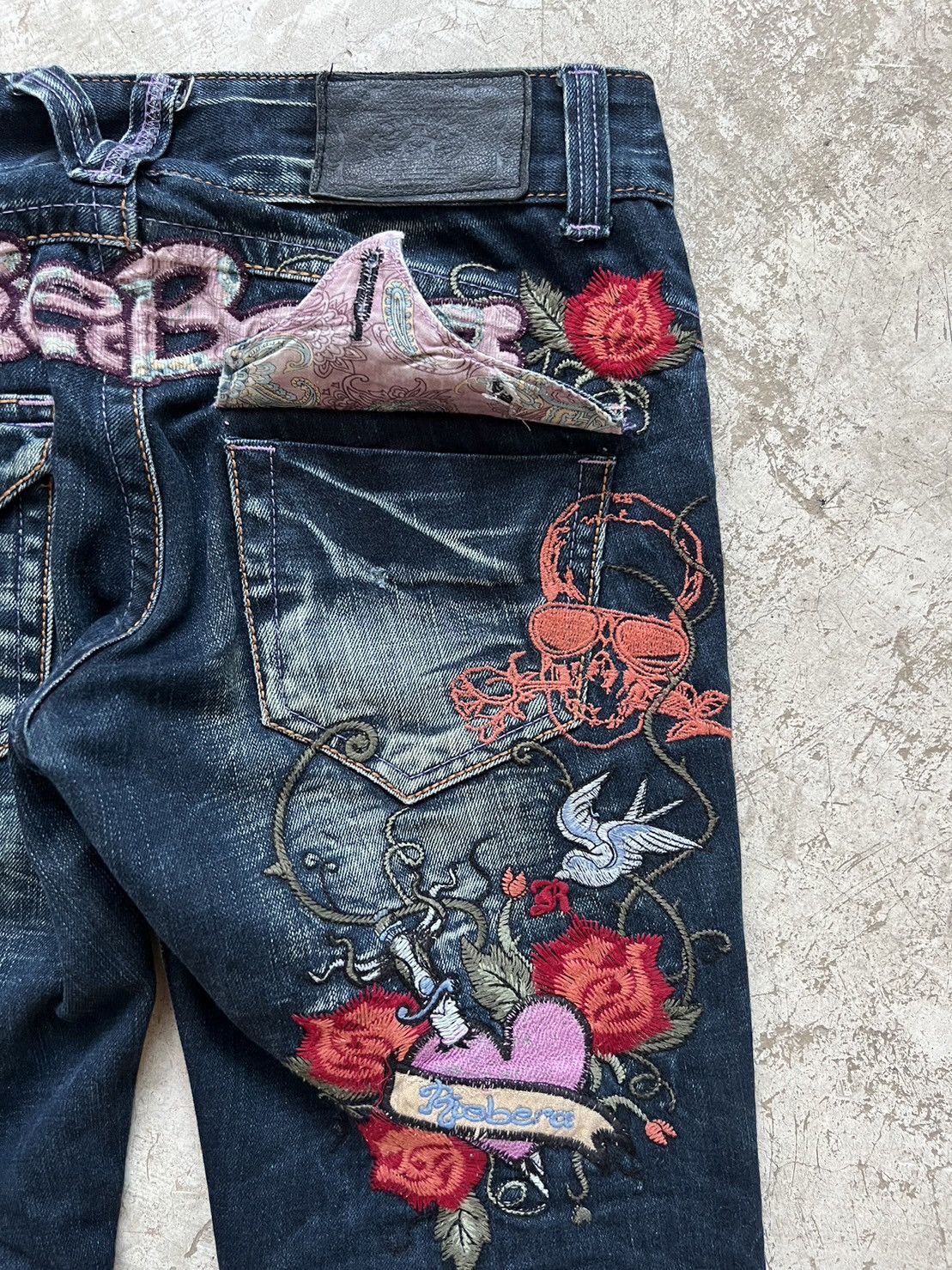 Pre-owned Ed Hardy Riobera Flare Jeans Embroidery Skull Design In Denim