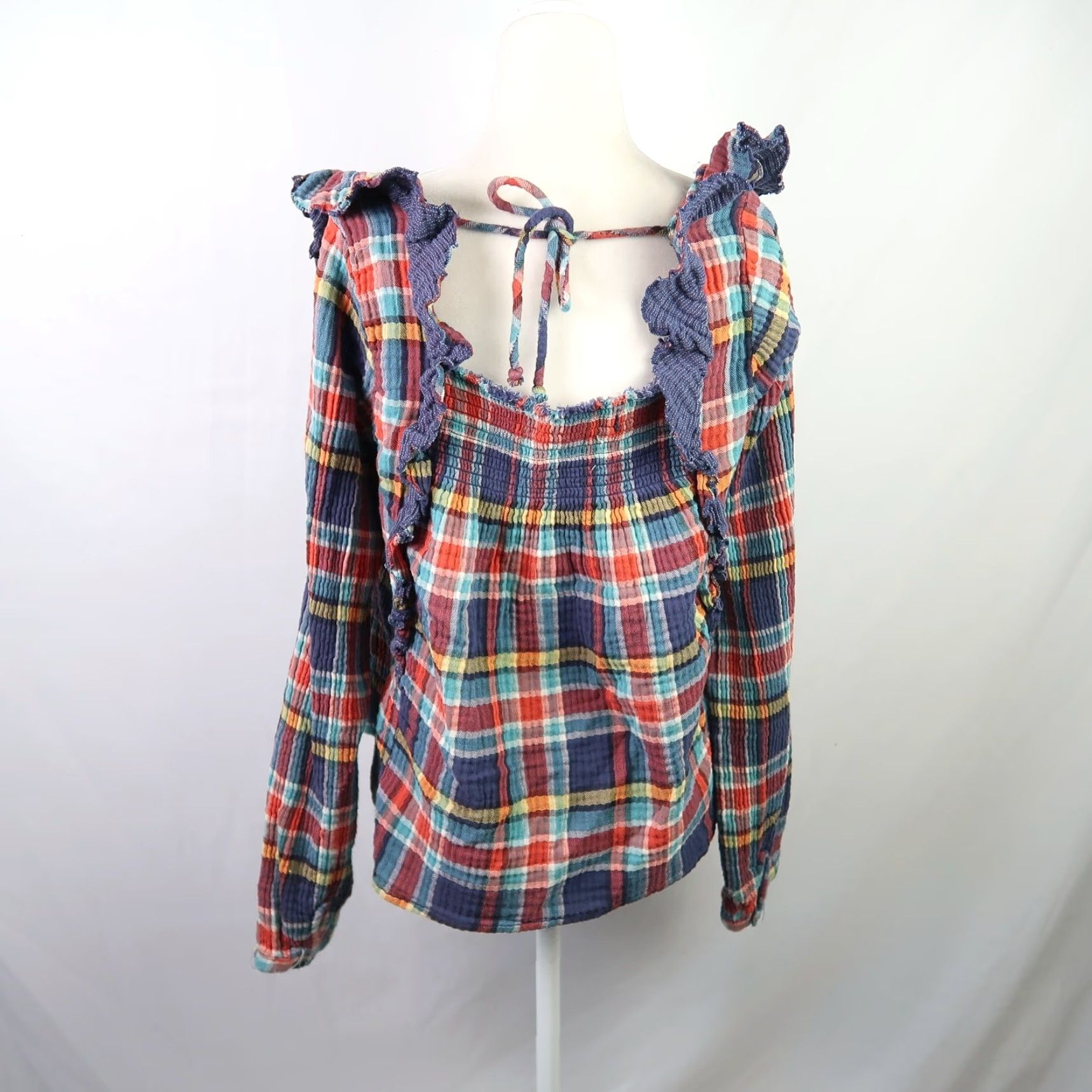 Free People Free People Siena Navy Blue and Red Plaid Ruffle Pullover Top L Women Long Sleeve Square Neck Casual Blouse Shirts Autumn Fall? Size L / US 10 / IT 46 - 4 Thumbnail