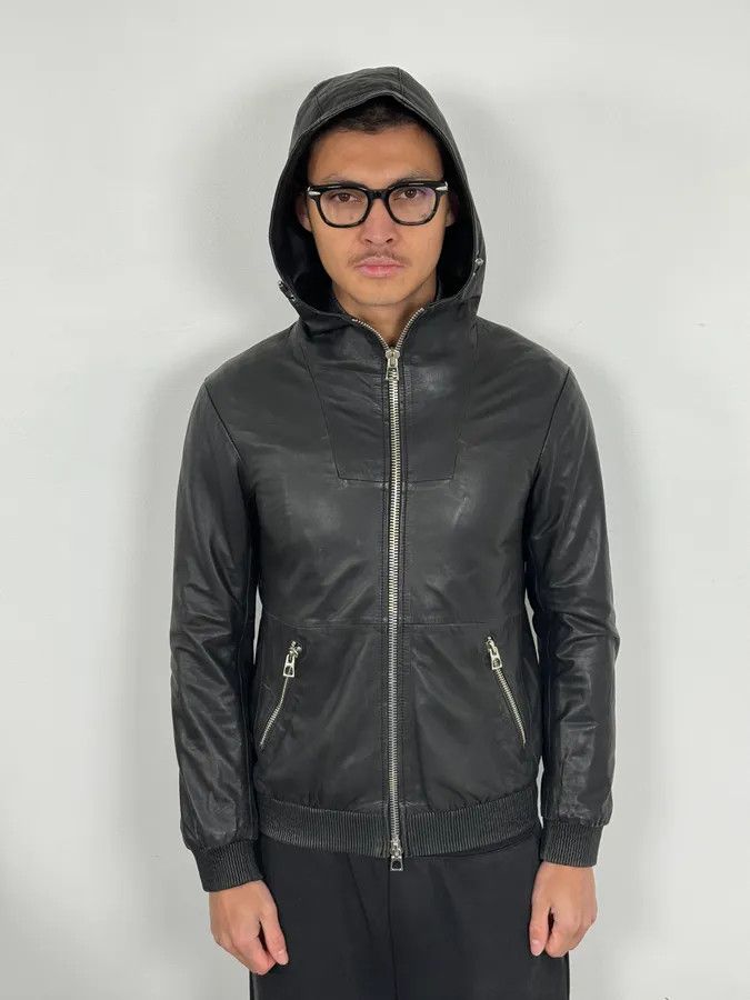 Emporio Armani 2000s Emporio Armani Black Leather Hooded Jacket Size US M / EU 48-50 / 2 - 2 Thumbnail