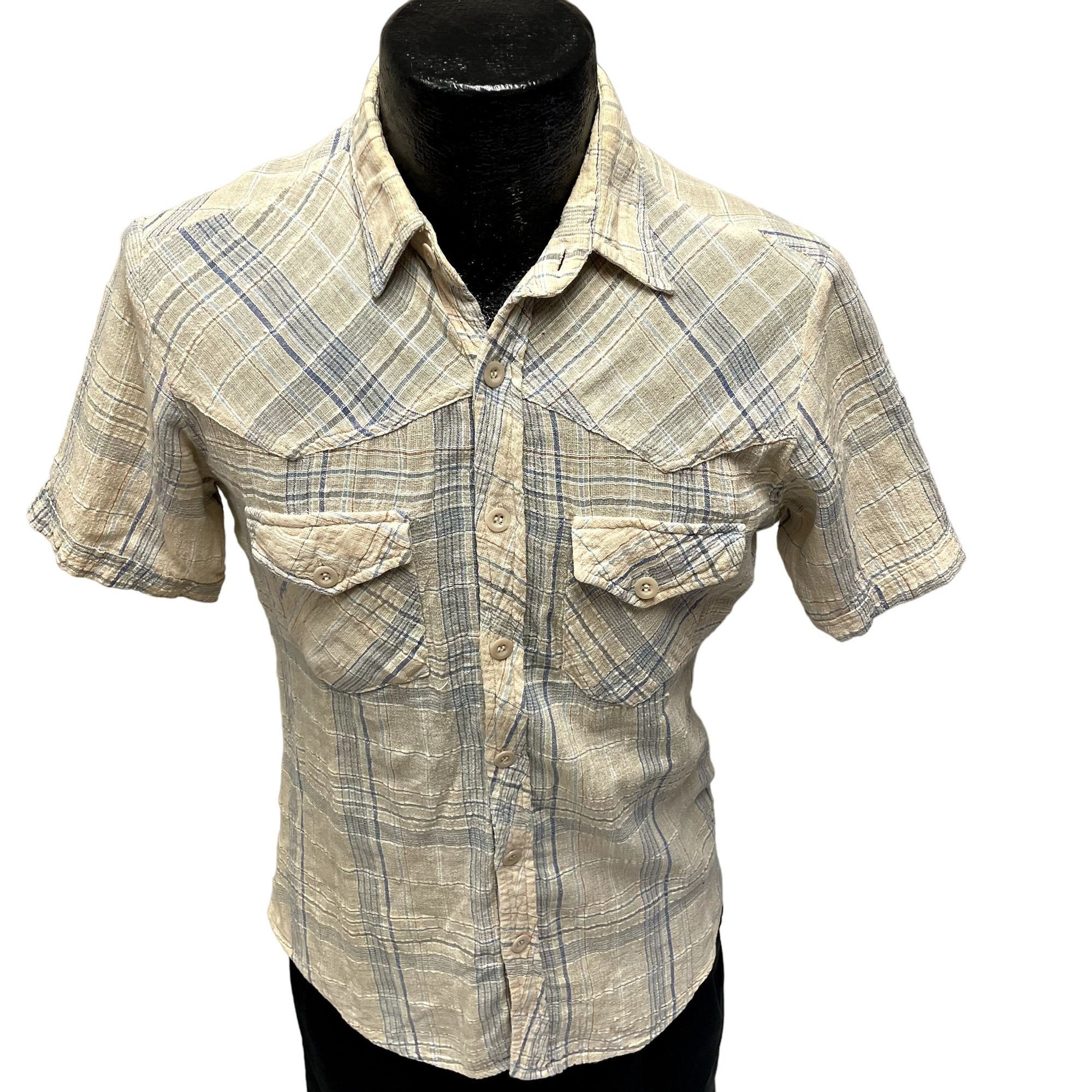 Vtg Chess King TEXTURED Sheer Cream Blue PLAID Shirt