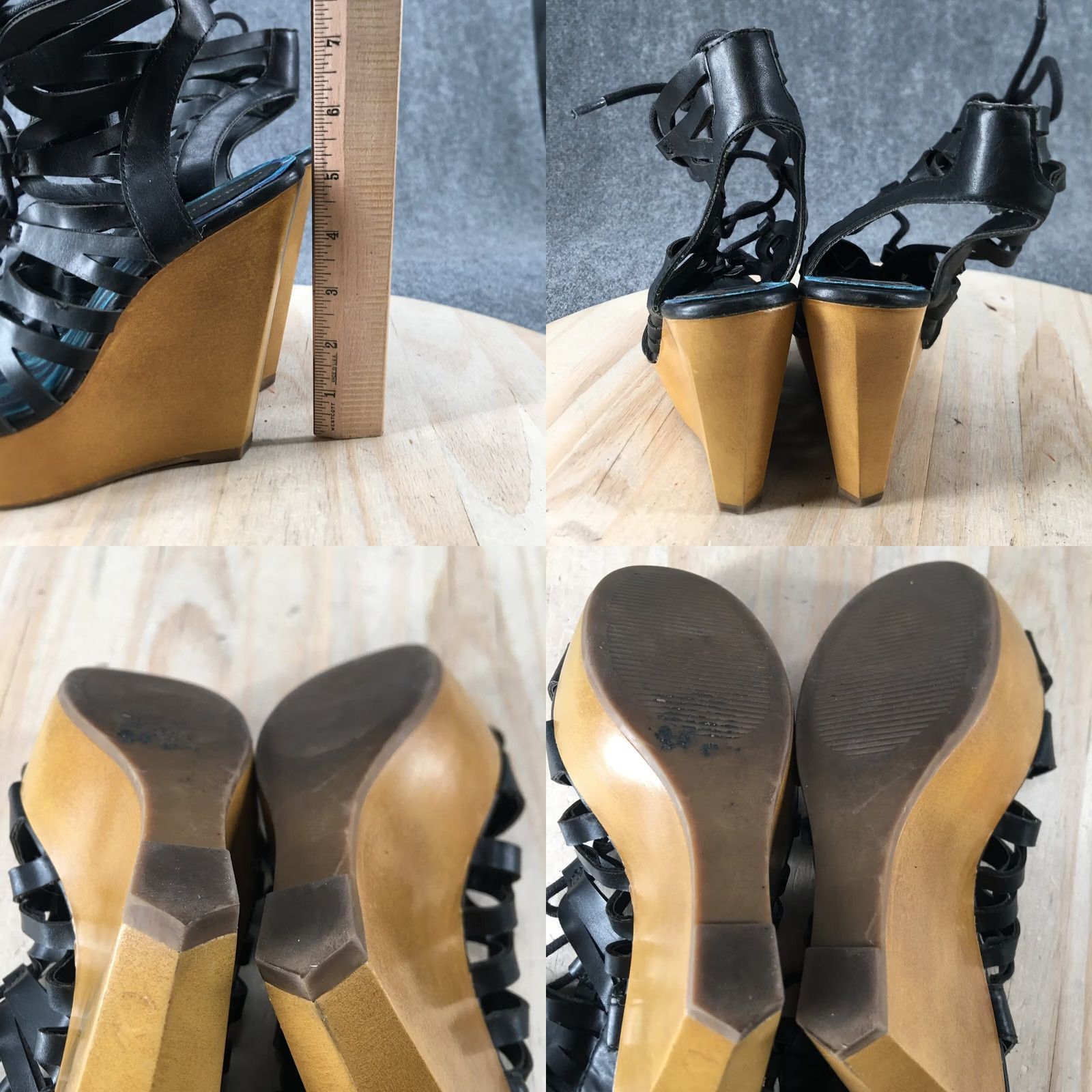Vintage Madden Girl Sandals Women's 6.5 M Beeta Gladiator Wedge Black Leather Lace Up Shoes Size US 7 / IT 37 - 8 Thumbnail