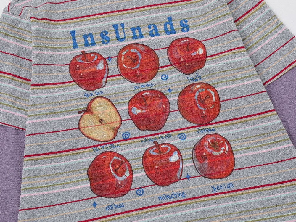 Japanese Brand Retro Apple Print Faux Two-Piece Striped Long-Sleeve T-Shirt Size US M / EU 48-50 / 2 - 4 Thumbnail
