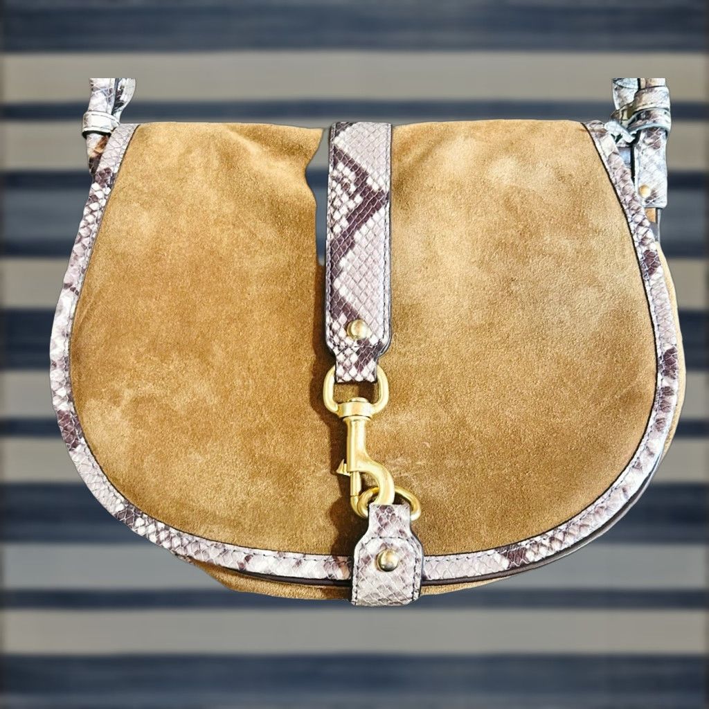 Vintage Michael Kors Jamie Saddle Bag Women's Crossbody Purse Brown Suede Snake Print Crossbody Bag, Large, Brown, Adult Women, 15in Strap, Gold hardware Size ONE SIZE - 1 Thumbnail