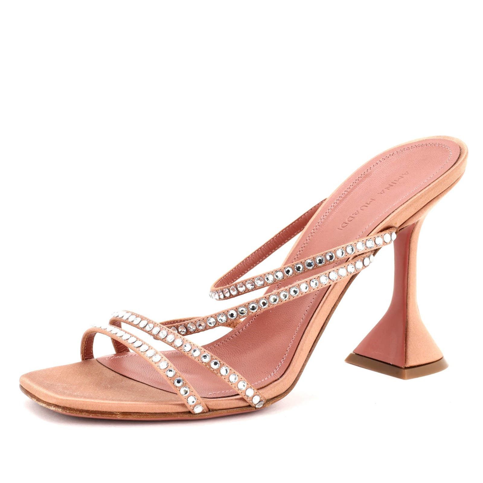 image of Amina Muaddi Women's Naima Heel Shoesed Sandals Satin With Crystals None in Neutral (Size 9)