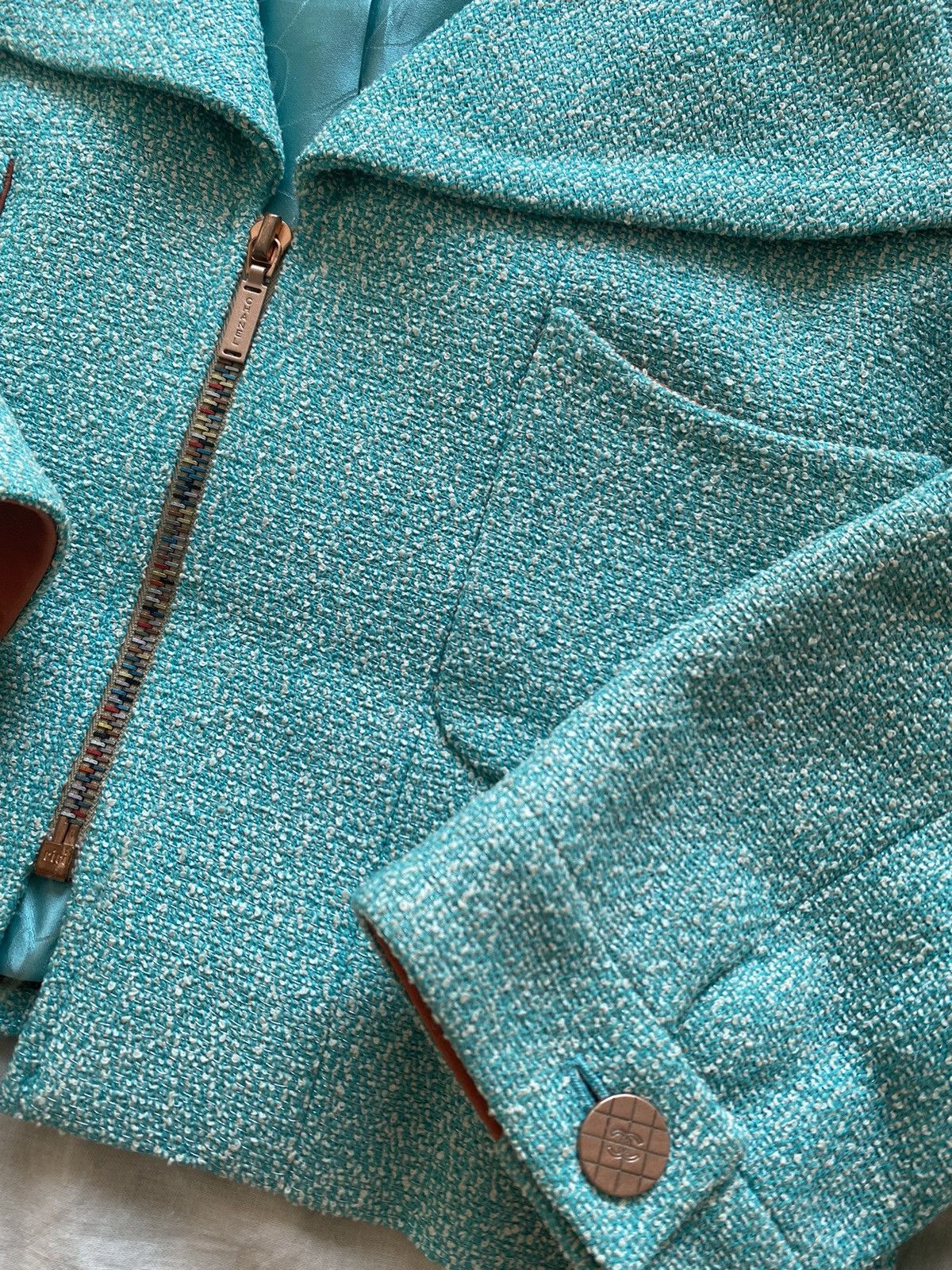 Chanel Vintage CHANEL Pre-Loved Teal Tweed Collared Zip Jacket Size S / US 4 / IT 40 - 4 Thumbnail