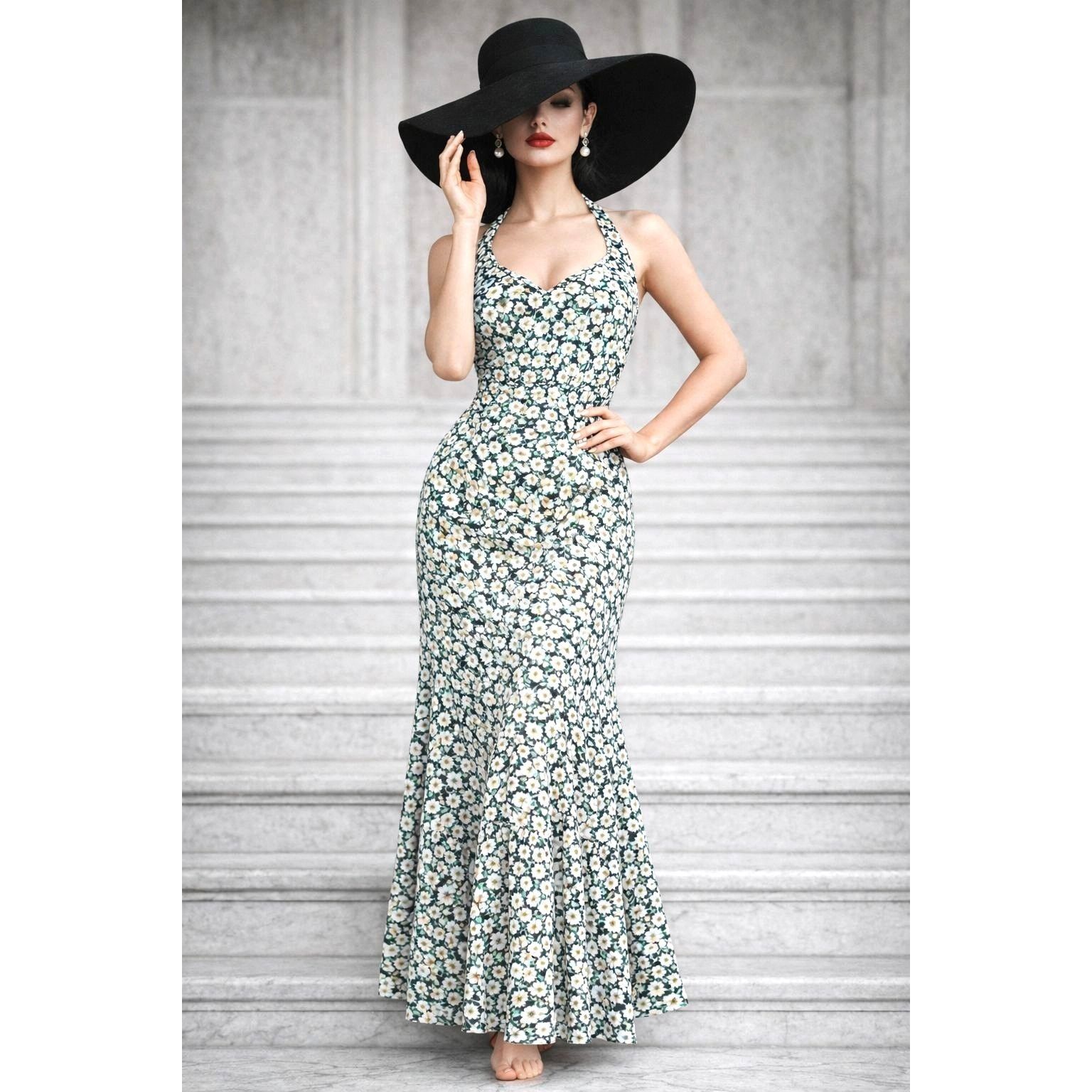 Other Pretty Garden M Navy White Floral Halter Backless Tiered Ruf Size L / US 10 / IT 46 - 1 Thumbnail