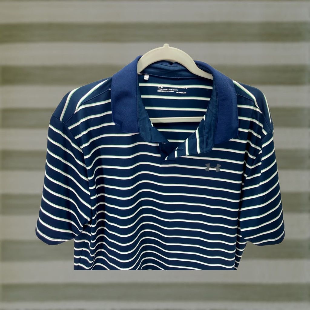 Under Armour Under Armour HeatGear Polo Shirt Mens L Blue White Striped Golf Performance Logo Short Sleeve Loose Fit Size US L / EU 52-54 / 3 - 1 Thumbnail