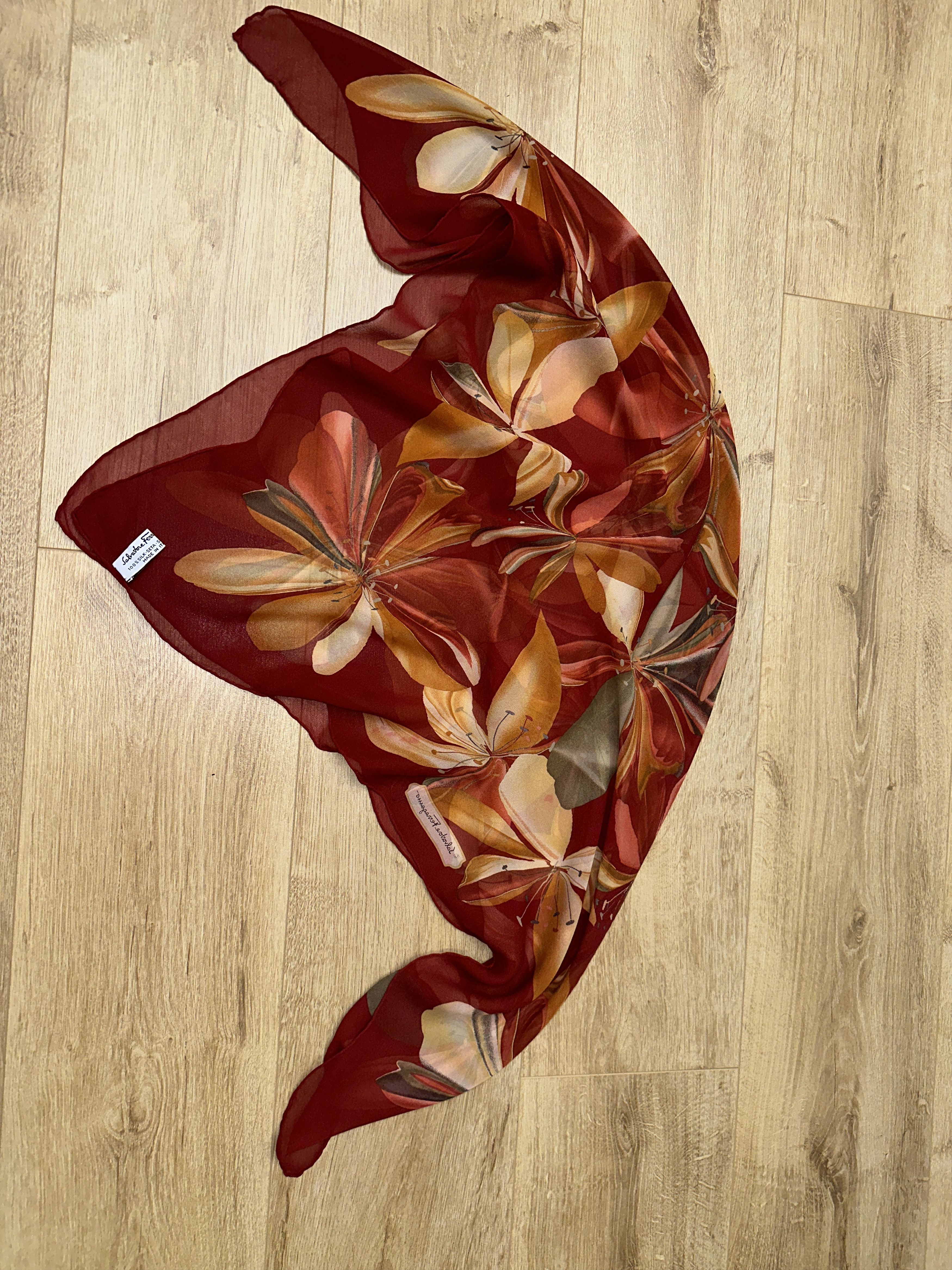 Salvatore Ferragamo Salvatore Ferragamo 100% Silk Floral Square Scarf Red 80cm Size ONE SIZE - 2 Thumbnail