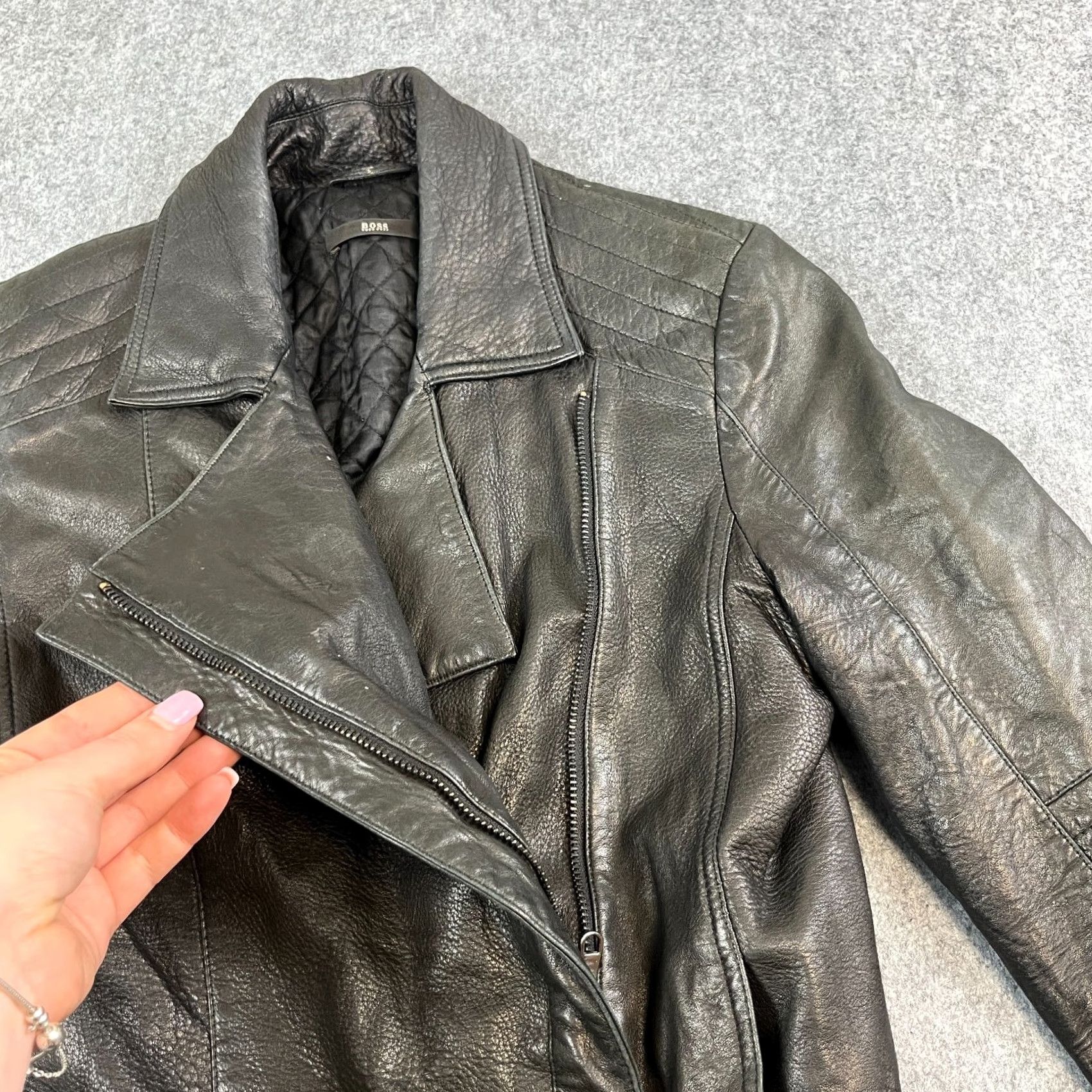 Hugo Boss HUGO BOSS Womens Leather Jacket Short Biker Black 6 Leather Lamb Regular Zip Pockets Vintage No Size M / US 6-8 / IT 42-44 - 3 Thumbnail