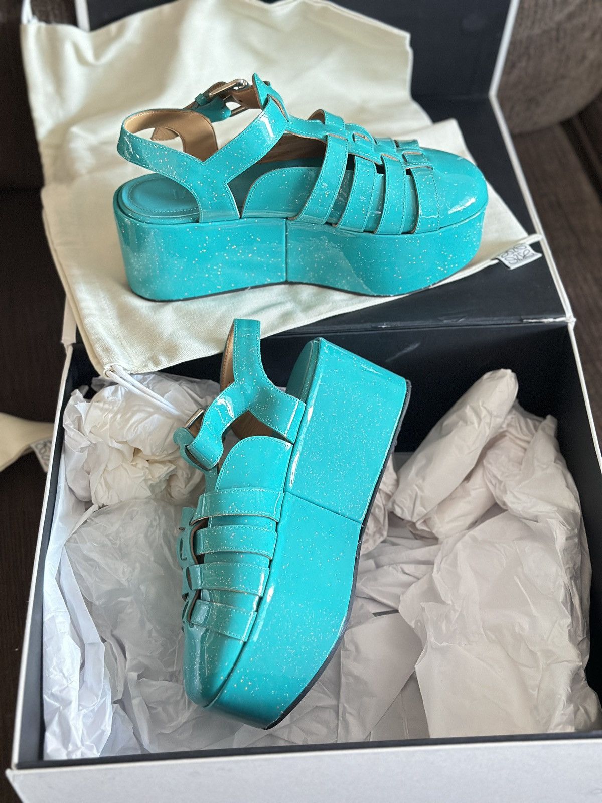 Loewe NWOT Authentic Loewe Turquoise calf-skin wedge shoes/size6 Size US 6 / IT 36 - 5 Thumbnail