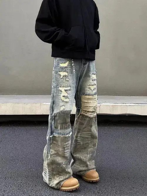 Jean Heavy duty washed and torn camouflage patchwork jeans Size US 34 / EU 50 - 6 Thumbnail