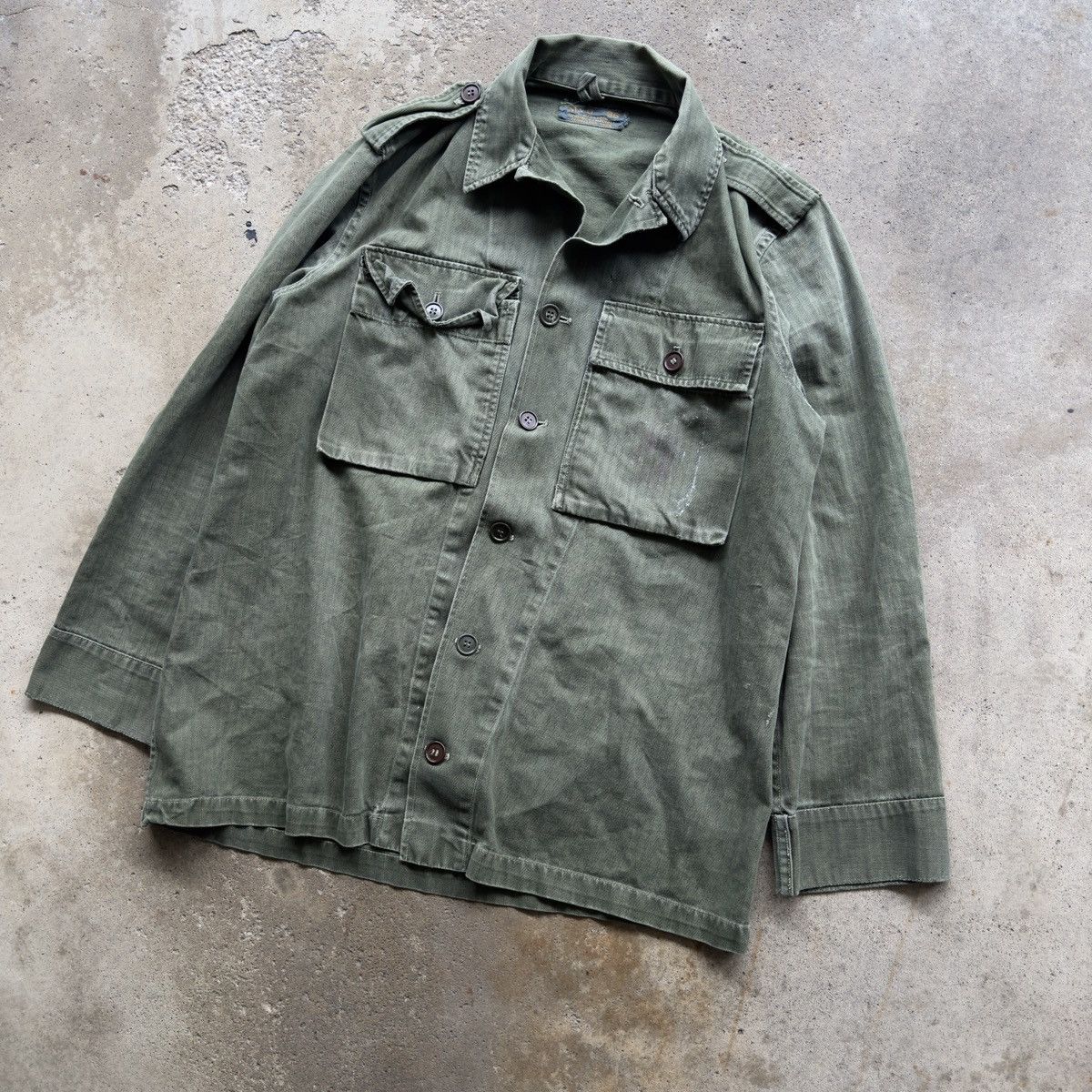 Vintage 60s Faded Thrashed HBT Herringbone Twill Field Fatigue Shirt Size US M / EU 48-50 / 2 - 2 Thumbnail