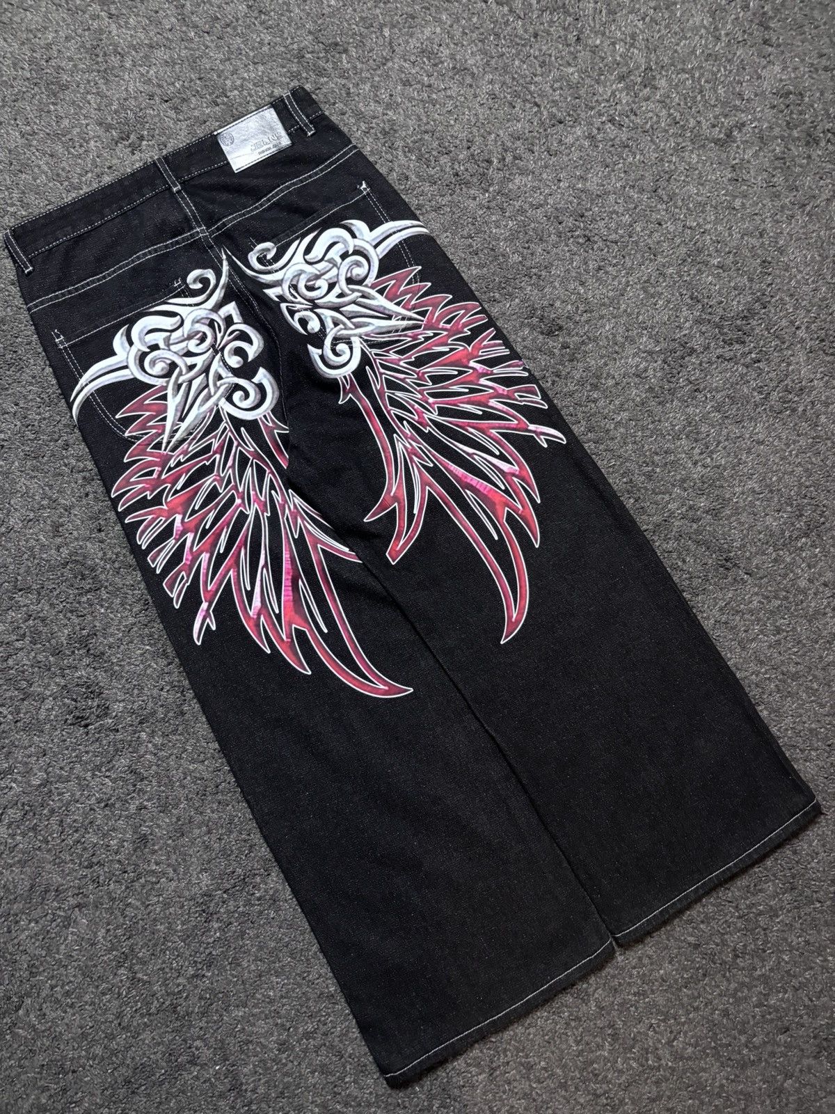 Jean × Vintage Vintage rare tribal angel wings cross red black baggy jeans Size US 33 - 5 Thumbnail
