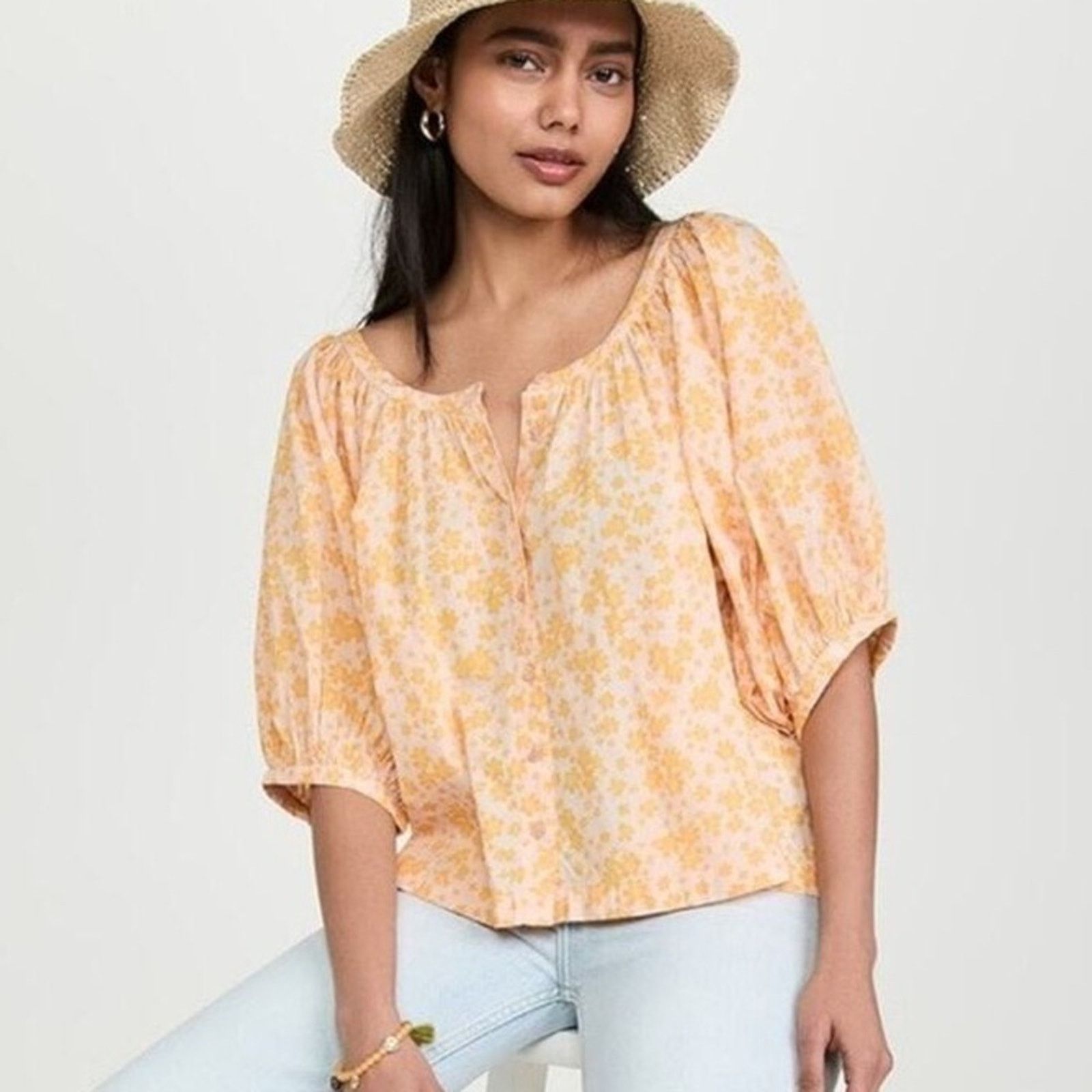 Sundry New Sundry Evereve Floral Puff Sleeve Blouse Mango L $138 Size L / US 10 / IT 46 - 1 Thumbnail