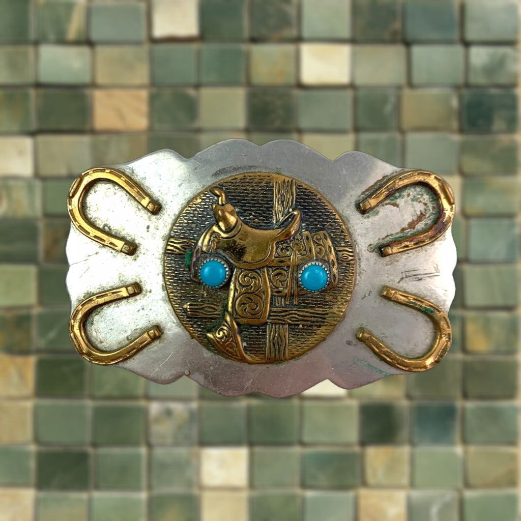 Vintage VINTAGE Nickel Silver Horseshoe Saddle Blue Gem Western Metal Belt Buckle Size ONE SIZE - 1 Thumbnail