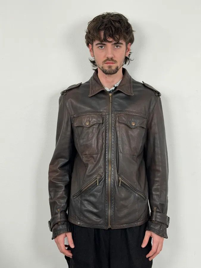 Roberto Cavalli 2000s Cavalli Brown Eroded Leather Buckle Jacket Size US M / EU 48-50 / 2 - 2 Thumbnail