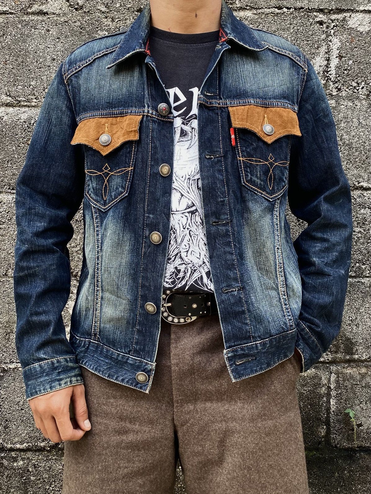 Vintage Edwin Denim Jacket Sand Wash Leather Flap Pocket