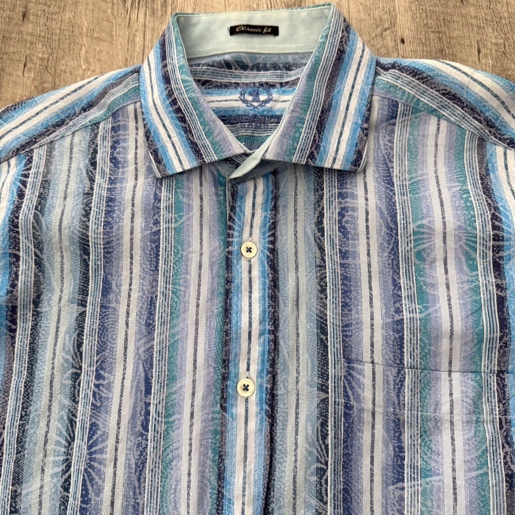 BUGATCHI BUGATCHI Shirt Mens Large Classic Fit Blue Striped Spread Collar 100% Cotton Size US L / EU 52-54 / 3 - 7 Thumbnail