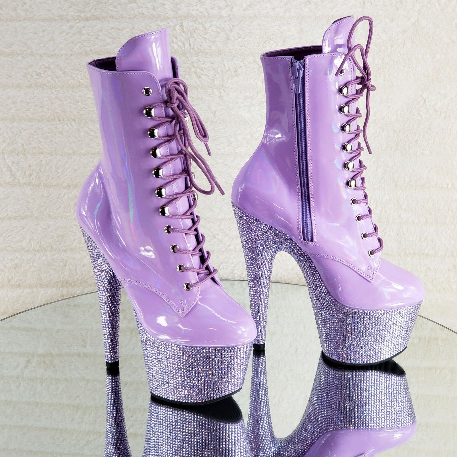 Other Bejeweled Lilac Rhinestone Platform Lace Up Ankle Boots 7" H Size US 10 / IT 40 - 6 Thumbnail