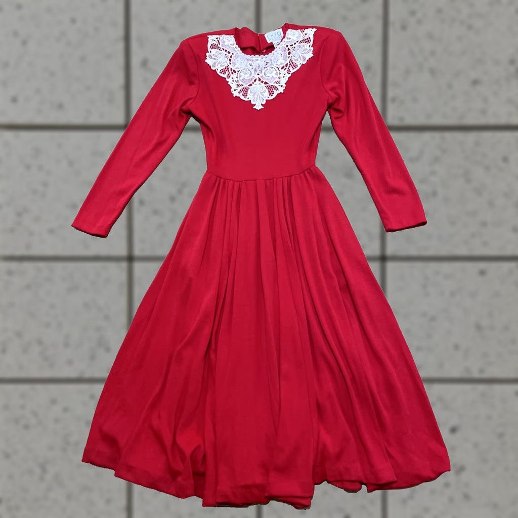 Vintage VINTAGE Expo Prairie Dress Womens 1980s Red Wool Lace Trim Made USA 8 Zipper Size M / US 6-8 / IT 42-44 - 1 Thumbnail